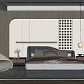 Elegant Modern Bedroom Interior With Bed Headboard Wall Circular Patterns Accent Chair And Open Wardrobe