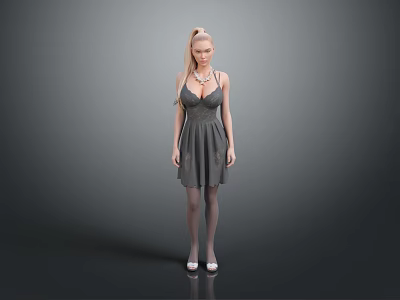 Blonde Woman Wearing Gray Dress Necklace Stockings And White Shoes Against Gray Background 3d model