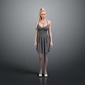 Blonde Woman Wearing Gray Dress Necklace Stockings And White Shoes Against Gray Background