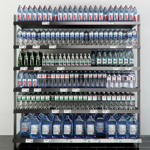 Retail Display Shelf Stocked with Various Bottled Water Brands Neatly Arranged 3d model 