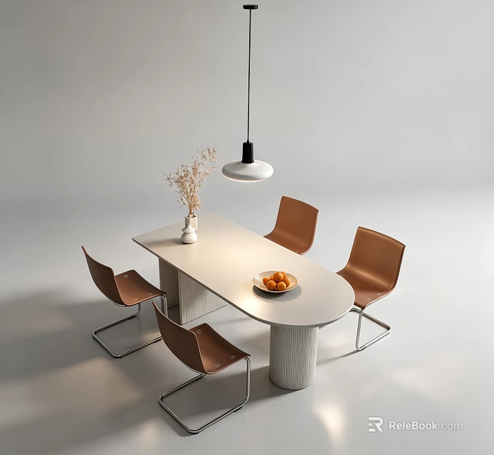 Modern Dining Table With Chairs Dried Flowers Vase Fruit Plate And Black Pendant Light 3d model 