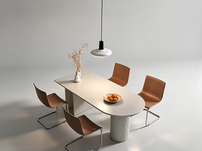 Modern Dining Table With Chairs Dried Flowers Vase Fruit Plate And Black Pendant Light 3d model