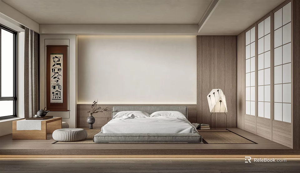 Tatami Bedroom Interior with Wooden Walls Decorative Scroll and Minimalist Floor Lamp 3d model 