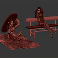 Dolls Sitting On Pink Blanket And Bench With Surfboard In Red Top And Pink Bikini