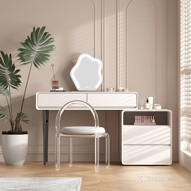 Modern Dressing Table Interior With Irregular Mirror Transparent Chair Drawers And Green Plant 3d model 