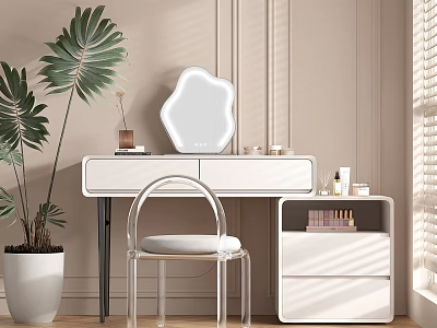 Modern Dressing Table Interior With Irregular Mirror Transparent Chair Drawers And Green Plant 3d model