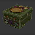 Vintage Green Square Electronic Device With Worn Out Appearance And Orange Circular Speakers