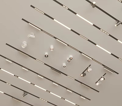 Modern Linear Ceiling Lighting Design With Downlights And Spotlights Arrangement 3d model