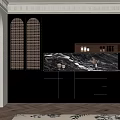 Elegant Black Kitchen Interior With Arched Cabinets Marble Countertop Wine Rack And Patterned Floor 3d model