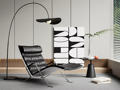 Modern Black Leather Recliner Chair With Curved Floor Lamp Geometric Wall Art And Side Table 3d model