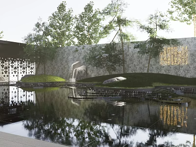 Tranquil Garden Landscape With Pond Reflection Trees Stone Wall And Grass 3d model