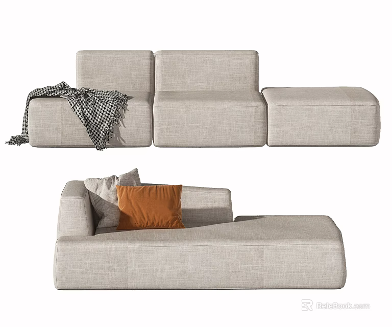 Modern Light Fabric Sectional Sofa With Modular Design Plaid Blanket And Colorful Cushions 3d model 