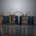 Elegant Arched Blue Gates With Golden Decorations Metallic Texture Lights And Reflections