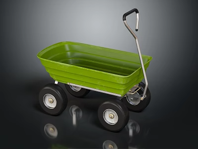Green Plastic Garden Cart With Metal Handle And Four Black Wheels 3d model