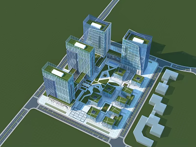 Tall Modern Office Complex With Green Roofs And Central Landscaped Courtyard 3d model