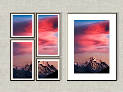 Scenic Landscape Paintings Featuring Pink Clouds And Snowy Mountain Peaks 3d model