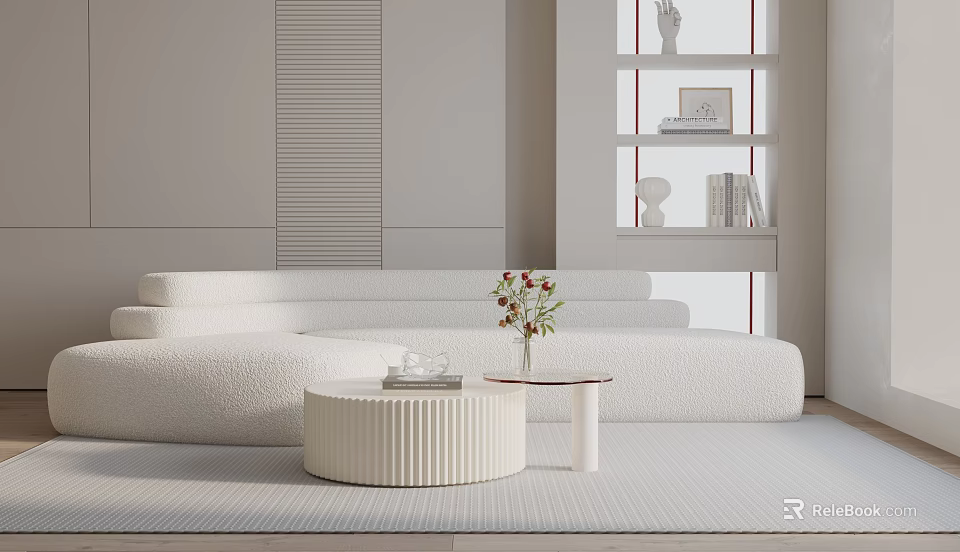 White Three Seater Sofa in Modern Minimalist Living Room with Round Coffee Table Vase and Books 3d model 