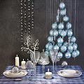 Elegant Tableware Set with Blue Decorative Balls Candles and Wine Glasses on Plaid Tablecloth