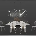 Modern Dining Table Set With Circular Pendant Lights Gray Chairs And Decorative Plant 3d model