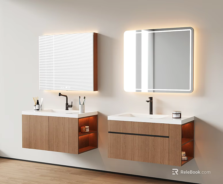 Double Wooden Wall Mounted Bathroom Vanity with Countertop Faucet and Lighted Mirror 3d model 