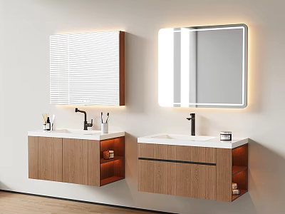 Double Wooden Wall Mounted Bathroom Vanity with Countertop Faucet and Lighted Mirror 3d model