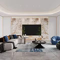 Modern Luxury Living And Dining Room Interior With Marble Wall And Gold Accents