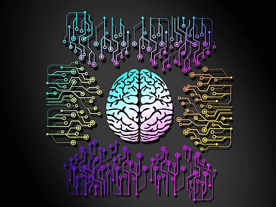 Colorful Circuit Board Lines Surrounding Human Brain On Black Background With Intricate Digital Structure Design 3d model