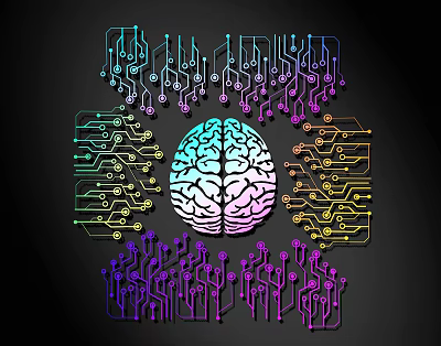 Colorful Circuit Board Lines Surrounding Human Brain On Black Background With Intricate Digital Structure Design 3d model