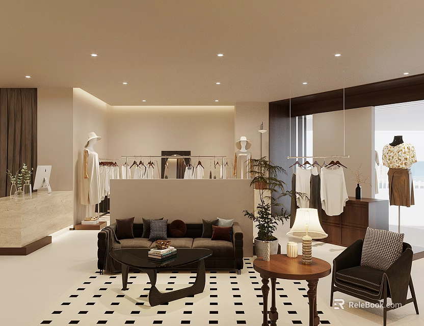 Modern Clothing Store Interior With Hanging Clothes Sofa Plants And Mannequins 3d model 