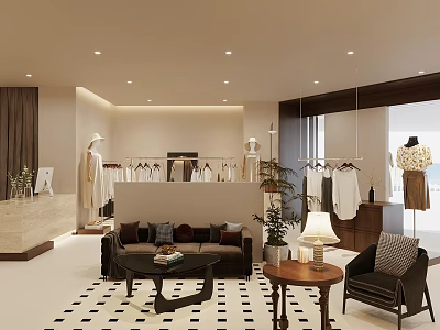 Modern Clothing Store Interior With Hanging Clothes Sofa Plants And Mannequins 3d model