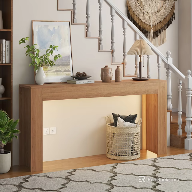 Wooden Entryway Console Table with Potted Plant Painting Lamp and Woven Basket by Staircase 3d model 