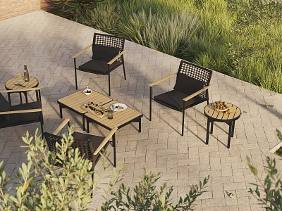 Outdoor Patio Woven Black Lounge Chairs With Wooden Tables And Green Plants 3d model