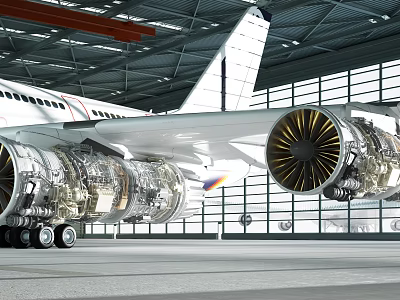 Modern Aircraft Engines On Airplane Displayed In Hangar With Turbine Structure 3d model Modern Aircraft Engines On Airplane Displayed In Hangar With Turbine Structure 3d model