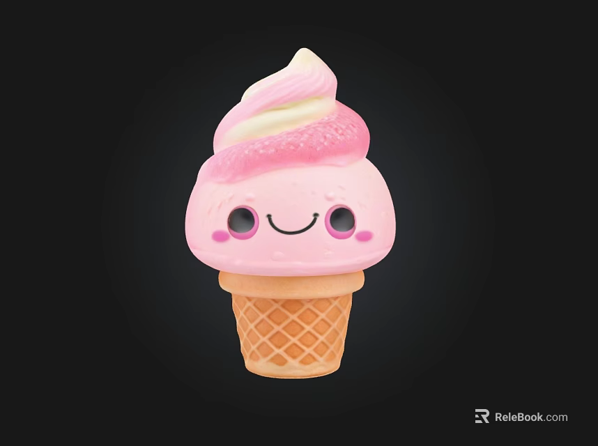 Pink and White Ice Cream Cone with Smiling Face and Swirled Cream Top 3d model 