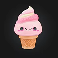 Pink and White Ice Cream Cone with Smiling Face and Swirled Cream Top