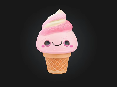 Pink and White Ice Cream Cone with Smiling Face and Swirled Cream Top 3d model