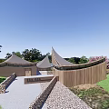 Modern Curved Architectural Building With Wooden Glass Structure Green Lawn Trees And Hillside Background