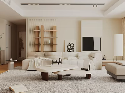 Modern Living Room Interior With White Sofa Wooden Bookshelf Coffee Table And Area Rug 3d model