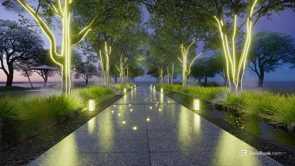 Outdoor Decorative Lights Illuminate Tree Lined Pathway In Night Landscape 3d model 