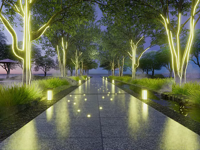 Outdoor Decorative Lights Illuminate Tree Lined Pathway In Night Landscape 3d model