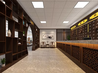 Traditional Chinese Medicine Hall Interior With Wooden Shelves Counter And Marble Floor 3d model