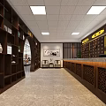 Traditional Chinese Medicine Hall Interior With Wooden Shelves Counter And Marble Floor