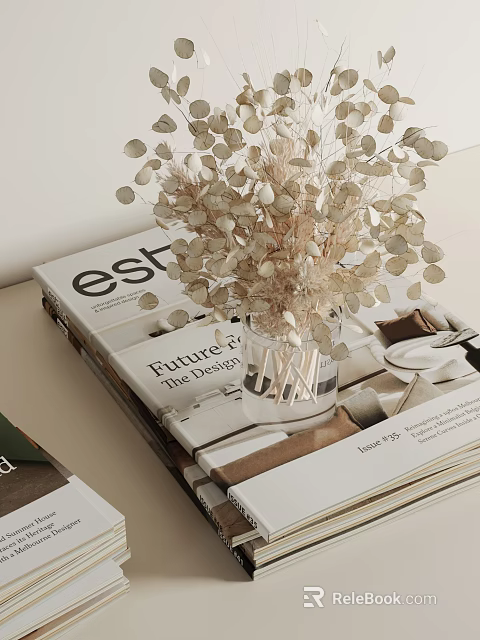 Dried Flowers In Glass Vase With Stacked Design Magazines And Books 3d model 