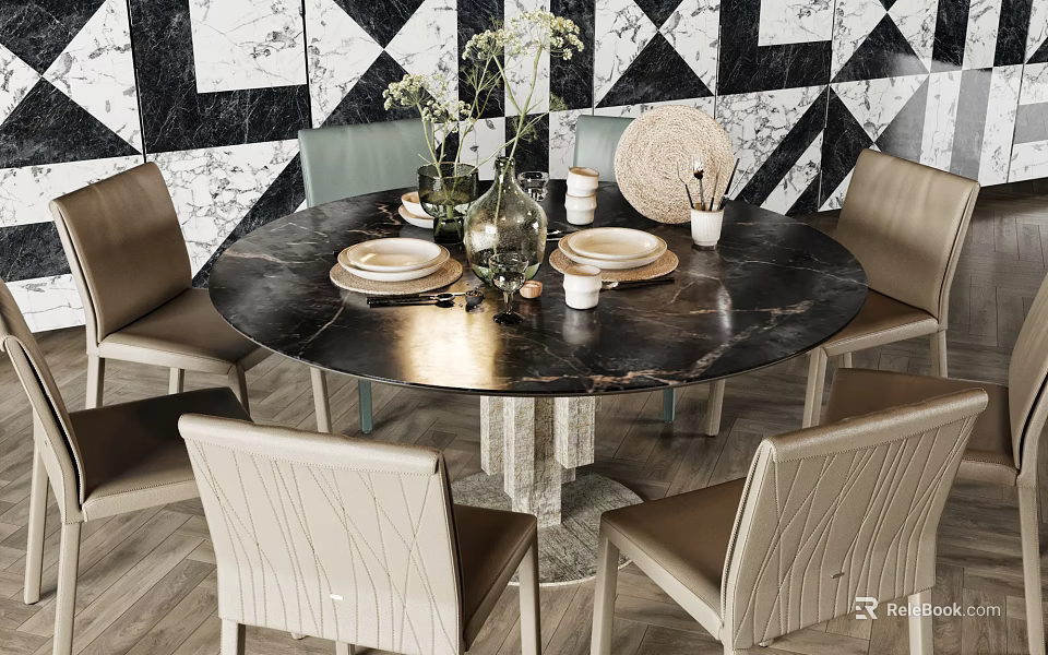 Round Black Marble Dining Table Set With Beige Leather Chairs And Black White Geometric Wall 3d model 