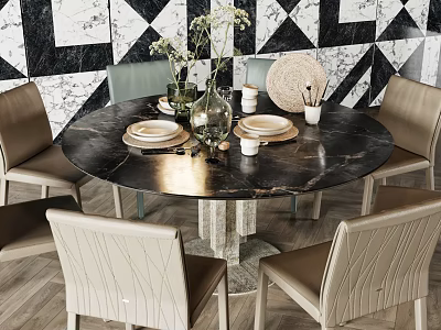 Round Black Marble Dining Table Set With Beige Leather Chairs And Black White Geometric Wall 3d model