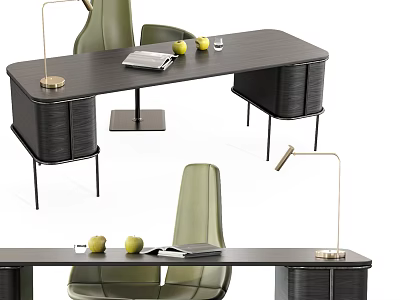 Modern Dark Wooden Office Desk With Green Chair Brass Lamp Notebook And Apples 3d model