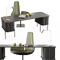 Modern Dark Wooden Office Desk With Green Chair Brass Lamp Notebook And Apples