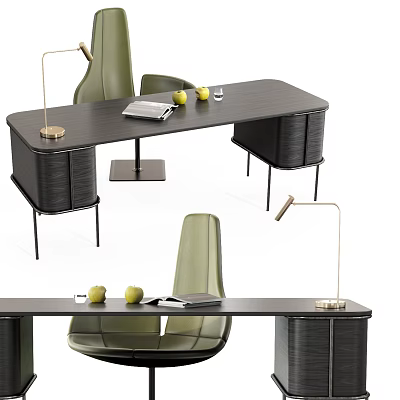 Modern Dark Wooden Office Desk With Green Chair Brass Lamp Notebook And Apples 3d model