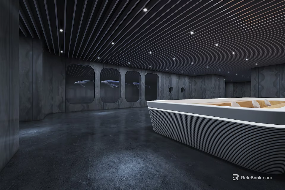 Modern Lobby Interior With Black Striped Ceiling Gray Walls And Curved Reception Desk 3d model 