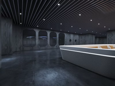 Modern Lobby Interior With Black Striped Ceiling Gray Walls And Curved Reception Desk 3d model